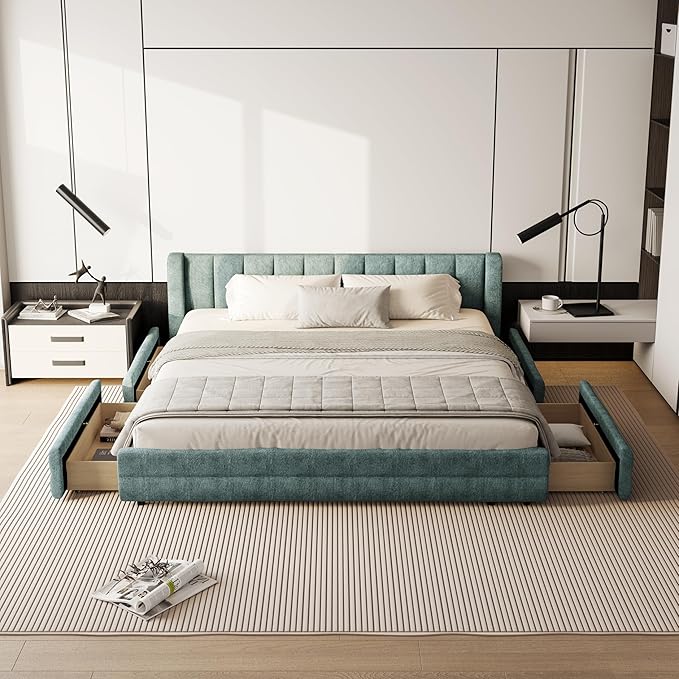DEINPPA King Size Bed Frame with 4 Storage Drawers and Cloud Soft Headboard, Chenille Upholstered Grounded Wood Base Bed Frame, No Box Spring Needed-Blue+Green