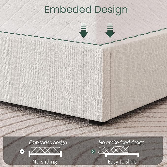 LARMACE King Size Bed Frame with 4 Storage Drawers and Wingback Headboard Linen Upholstered Platform Bed Frame with Wooden Slats, Easy Assembly, White