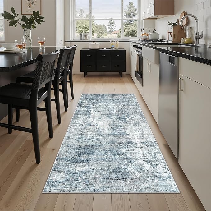 Runner Rug 2'x6' Abstract Washable Non-Slip Runner Rugs for Kitchen Bathroom Laundry Room Blue Vintage Floor Carpet Runners for Hallway Entryway