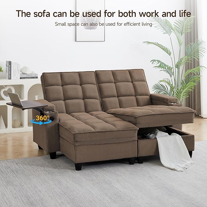 70.9" Chaise Lounge Chair Indoor, Oversized Boucle Upholstered Sofa Bed, Adjustable Backrest Deep Seat Reading Chair, Sofas Couches for Living Room with Storage, Cup Holders & 360° Swivel Side Table
