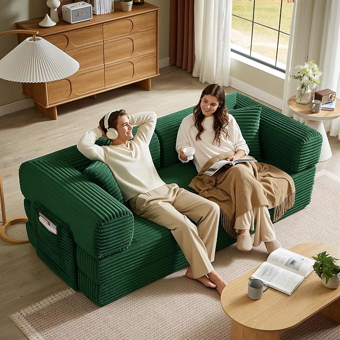 Boneless Couch Folding Couches for Living Room Sofa, Futon Sofa Bed with Sleeper Sofa, Futon Couch with Fixed-Shape Oversized Corduroy Upholstered (Green, 81 Inches)