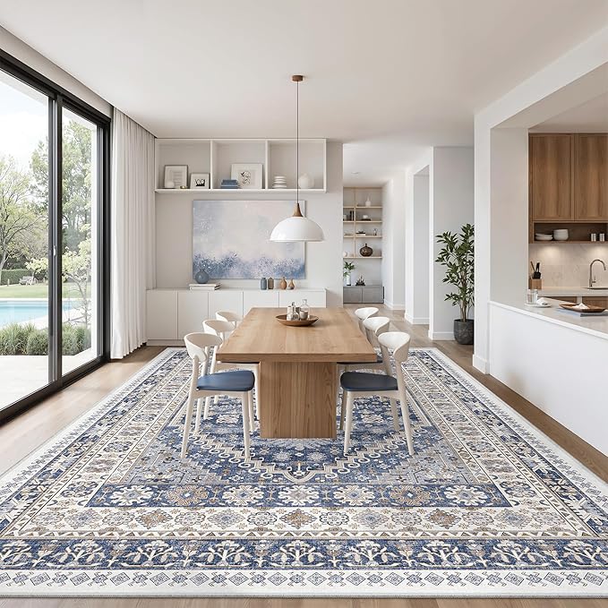 zesthome 10x14 Area Rugs,Stain Resistant Washable Rug,Ultra-Thin Rugs for Living Room,Bedroom,Non-Slip Backing Home Decor Large Area Rug (Blue/Beige,10'x14')