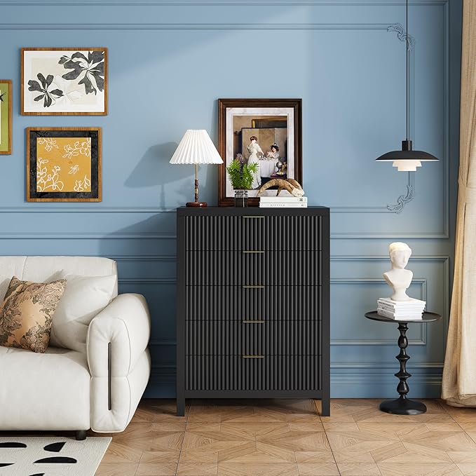 5 Drawer Dresser, 43" Tall Dresser Organizer TV Drawer Cabinet Modern Wood Storage Cabinet, Modern Wood Storage Cabinet for Bedroom, Hallway, Entryway, Black Oak X 2