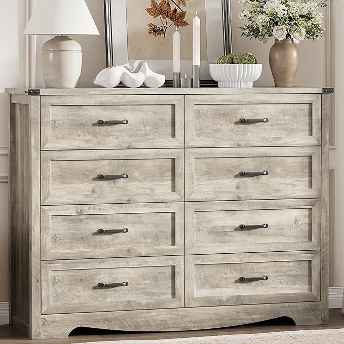 Dresser for Bedroom with 8 Drawers, 54" Wide Wood Chest of Drawers with Deep Drawers & Mental Handle, Modern Dresser TV Stand, Wooden Closet Storage Organizer for Living Room, Hallway, Entryway, Grey