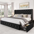 LARMACE King Size Bed Frame with 4 Storage Drawers and Tufted Headboard Velvet Upholstered Platform Bed Frame Wingback Beds with Wooden Slats Support, Easy Assembly, Black