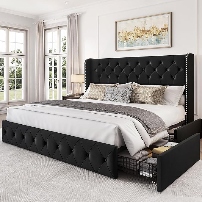 LARMACE King Size Bed Frame with 4 Storage Drawers and Tufted Headboard Velvet Upholstered Platform Bed Frame Wingback Beds with Wooden Slats Support, Easy Assembly, Black