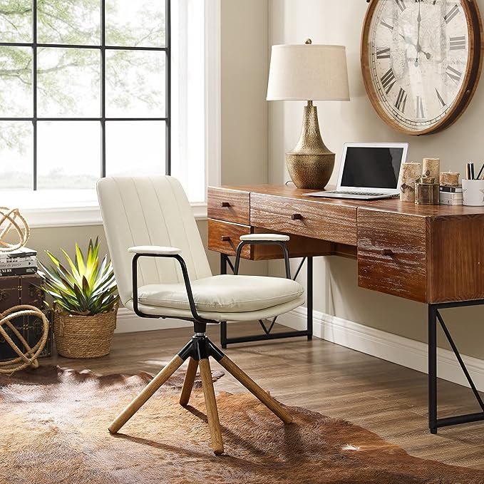 Art Leon Mid Century Modern Chair, Oak Legs Swivel Accent Chair No Wheels, Faux Leather Armchair for Small Spaces Home Office Living Room Bedroom, Off White