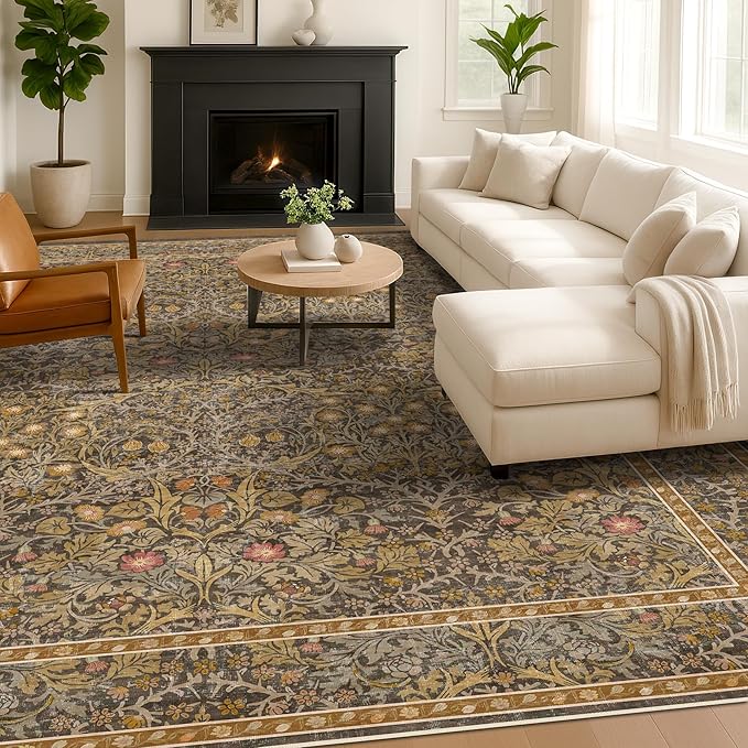 Large 8x12 Boho Living Room Rug - Gold Brown Geometric Floral Area Rug for Dining Room Under Table, Bedroom Under Bed, Low Pile & Soft - Vintage Design & Stain Resistance Carpet