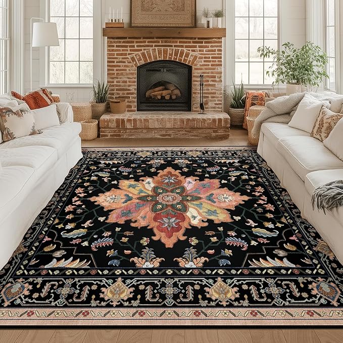 Area Rugs Square 8ft Washable Non-Slip, Floral Vintage Distress Print Pattern Medallion Carpet for Living Room Bedroom Dining Room, Black Colorful Floral Dark Tan