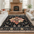 Area Rugs Square 8ft Washable Non-Slip, Floral Vintage Distress Print Pattern Medallion Carpet for Living Room Bedroom Dining Room, Black Colorful Floral Dark Tan