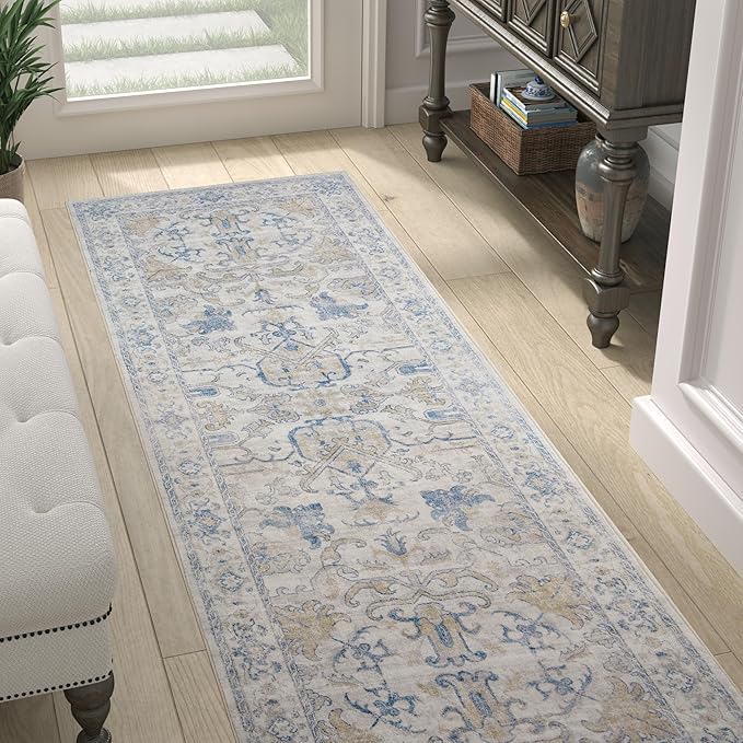 jinchan Hallway Runner Rug 2x8 Machine Washable - Vintage Floral Non-Slip Low-Pile Soft Ultra-Thin Faux Wool Kitchen Rug Distressed Carpet Runner for Farmhouse Bedroom Laundry Room (2x8ft, Blue)
