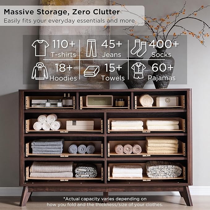 T4TREAM Fluted 9 Drawers Dresser, 54" Wide Modern Chest of Drawers, Curved Profile Design, Dresser TV Stand, Wood Drawer Organizer for Bedroom, Living Room, Hallway, Dark Walnut