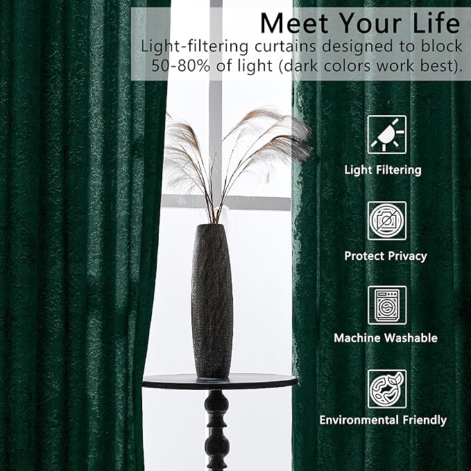 SMILETIME Forest Green Crushed Velvet Curtains 52x84inch Rod Pocket Luxurious Thermal Insulated Soundproof Drapes Soft and Durable Light-Filtering Window Treatments for Living Room Bedroom, 2 Panels