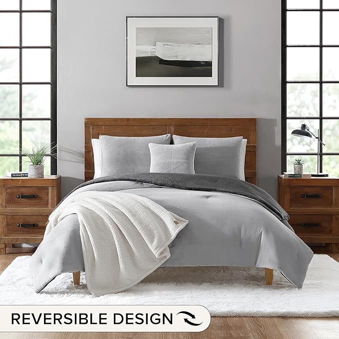 UGG Full/Queen Comforter Set 5 Piece Bed in a Bag with Throw Blanket, Decorative Pillow, Shams, Reversible Hypoallergenic Washable Luxury Warm Fluffy Bedding Set, Charcoal Grey (Remina)