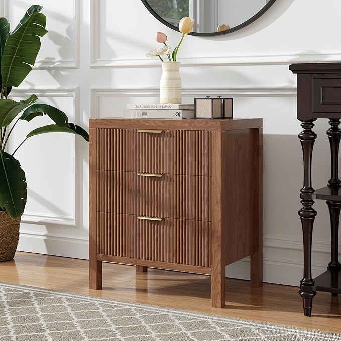 End Table with Storage, Wooden Farmhouse Nightstands with 3 Drawers, Bedside Table - Boho Tall Side Table Accent for Bedroom, Living Room, Walnut