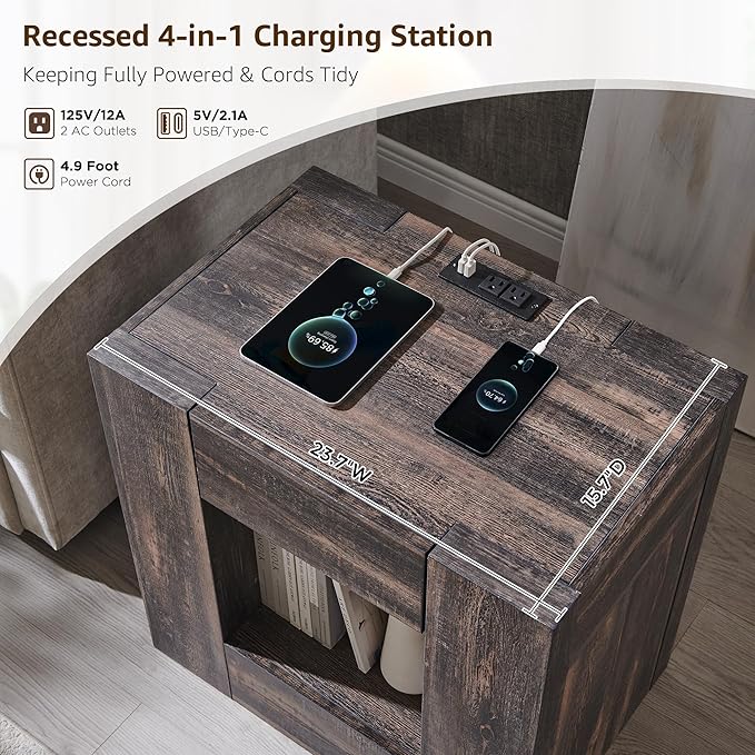 OKD Modern Nightstand with Charging Station, 24" Large Bedside Table, Rustic End Table with Drawers & Open Shelf for Bedroom/Living Room, Night Stand Wood Thick Design,Dark Rustic Oak