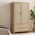 SICOTAS Rattan Armoire Wardrobe Closet Cabinet, 71" Wardrobe Storage Cabinet with 2 Drawers, and Hanging Rod, Boho Large-Capacity Deep Armoire Clothes Organizer for Bedroom, Cloak Room, Light Oak