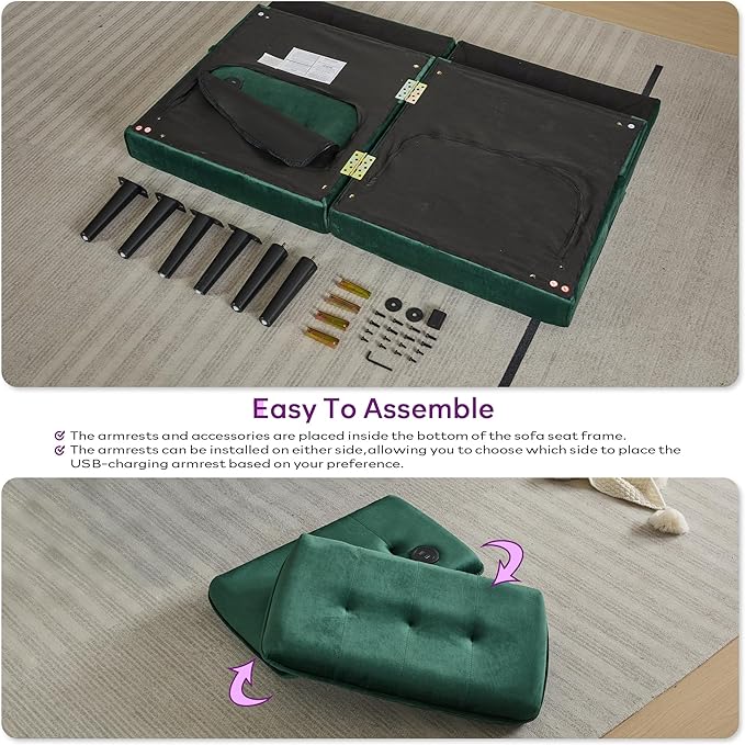 TYBOATLE 65" W Velvet Modern Convertible Folding Futon Couch Sofa Bed w/ 2 USB Charging Ports and arms, Loveseat for Living Room, Office, Apartment, Bedroom (Green)