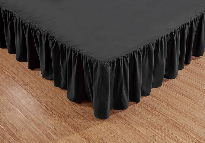 Sheets & Beyond Wrap Around Solid Microfiber Luxury Hotel Quality Fabric Bedroom Gathered Ruffled Bedding Bed Skirt 14 Inch Drop (Full, Black)