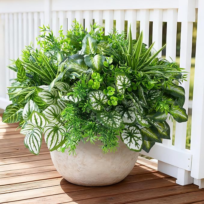 Artificial 20pcs Bunches Greenery Plants Fake Plastic Leaves with Stems UV Resistant Outside Faux Plants Bushes for Outdoor Patio Garden Front Porch Yard Decor