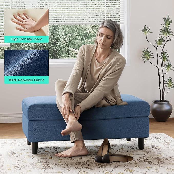 LINSY HOME 46 Inches Wide Storage Ottoman Bench, Linen Coffee Table Long Shoes Bench Footstool, Storage Chest, Foot Rest Stool, for The Living Room, Entryway and Family Room (Blue)