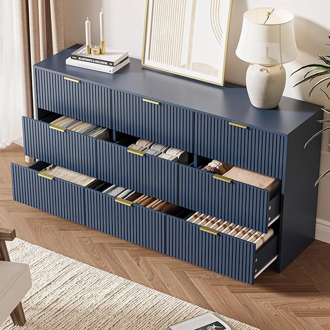 Navy 9 Drawer Dresser for Bedroom, 63" Wide Modern Fluted Dresser with Gold Metal Handles, Chest of Drawers for Bedroom, Living Room, Entryway, Hallway