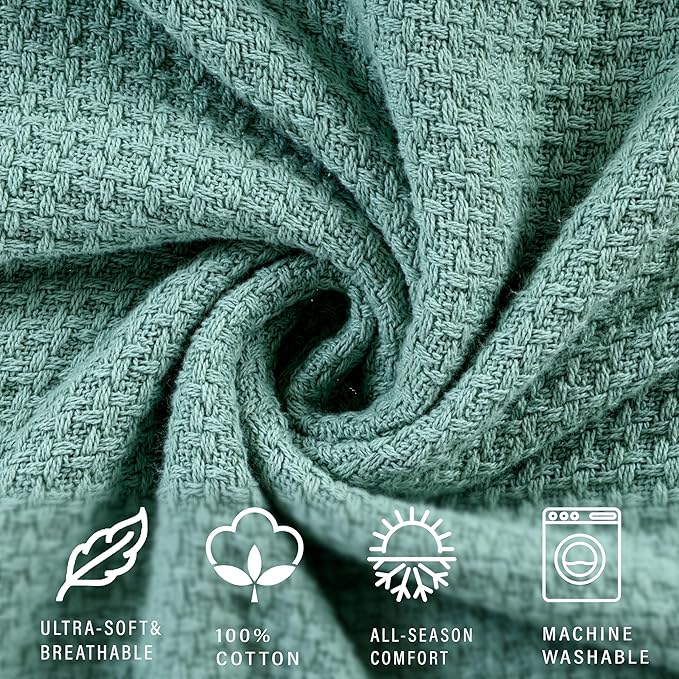 HILLFAIR 100% Soft Premium Combed Cotton Thermal Blanket– Twin XL Blankets – Soft Cozy Warm Bed Throw Twin Bed Blankets– All Season Cotton Blankets – Sage