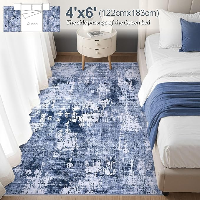 Area Rug Living Room Rugs - 4x6 Abstract Large Soft Indoor Washable Rug Neutral Modern Low Pile Carpet for Bedroom Dining Room Farmhouse Home Office - Navy Blue