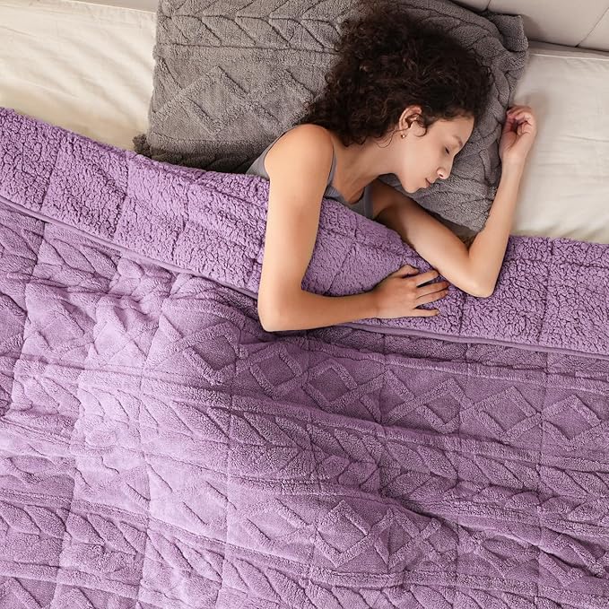 Cottonblue Jacquard Weighted Blanket 15 lbs for Adults Queen Twin Full Size, Fuzzy Sherpa Fleece Weighted Throw Blankets 60x80 in for Relax & Sleep, Cozy Heavy Bed Blankets with Cemaric Beads, Purple