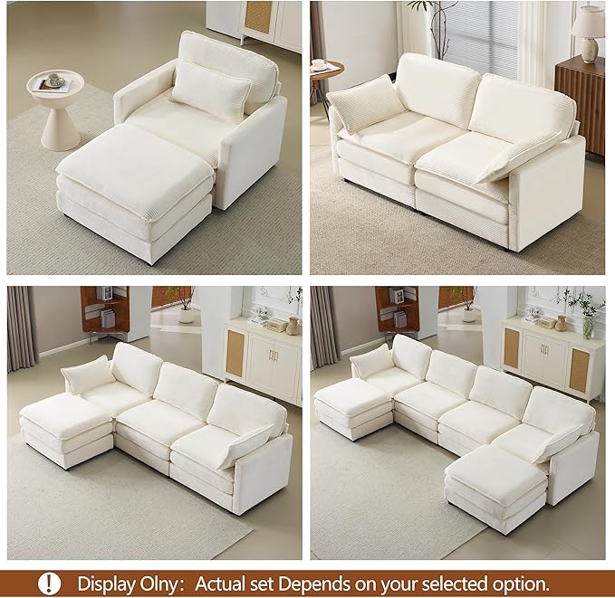 Plush Cloud 3-Seater Sofa with 2 Footstools and Beige Chenille Cushions, Modular 4-Seater Sofa for Small Space Apartment Living Room Bedroom