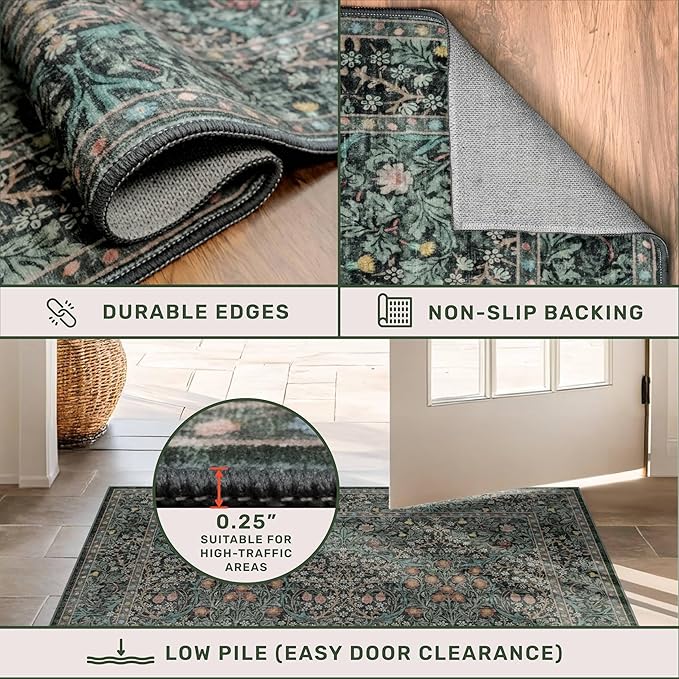 Dark Green Washable Entry Rug - Front Door Throw Rugs Indoor, Non-Slip Bathroom Small Rugs, Vintage Floral Thin Rug for Kitchen, Boho Entryway Décor (2x3 Dark Green)