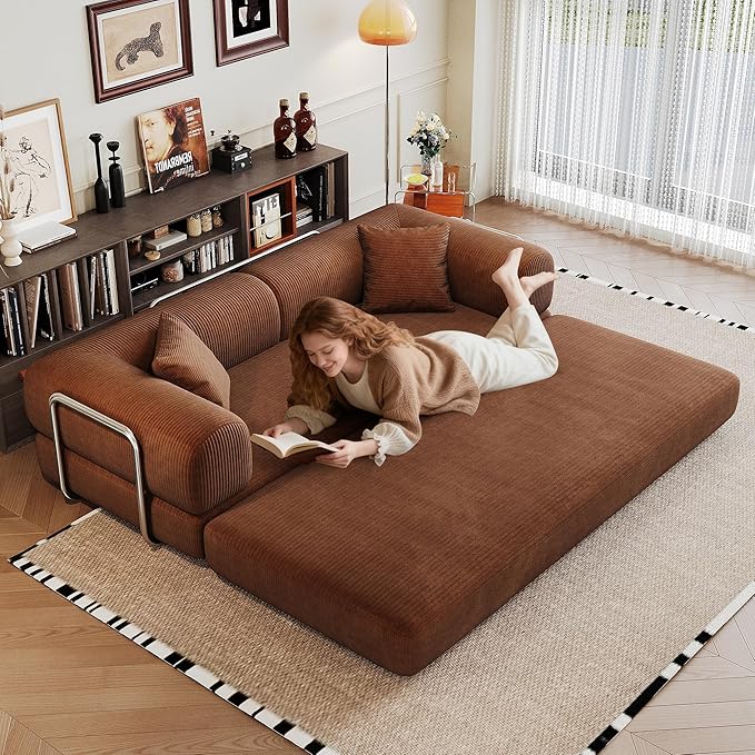 79" Convertible Sofa Bed with Fixed-Shape Frame, Corduroy Folding Pull Out Couch, No Assembly Modern Boneless Couch Compression Sofa in Box, Floor Sofa for Living Room,Brown