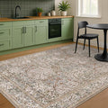 Dining Room Rugs for Under Table - 5x8 Washable Moss Green Oriental Area Rug for Living Room, Low Pile Non-Slip Floor Carpet for Bedroom - Vintage Brown Design & Stain Resistance