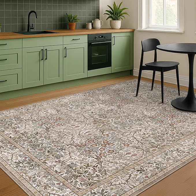 Dining Room Rugs for Under Table - 6x8 Washable Moss Green Area Rug for Living Room, Low Pile Non-Slip Floor Carpet for Bedroom - Vintage Olive Taupe Design & Stain Resistance
