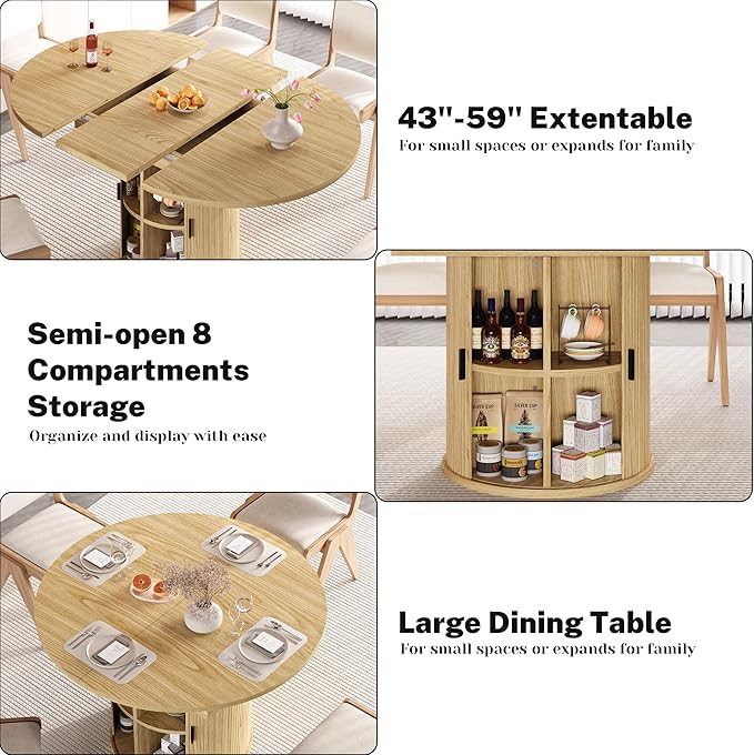 Vipbear Extendable Dining Table 43-59" for 4-6 People, Solid Wood Top with Fluted Slide Door & 8-Compartment Storage, Space Saving Round Dining Room Kitchen Dinner Tables Furniture with Pedestal Base
