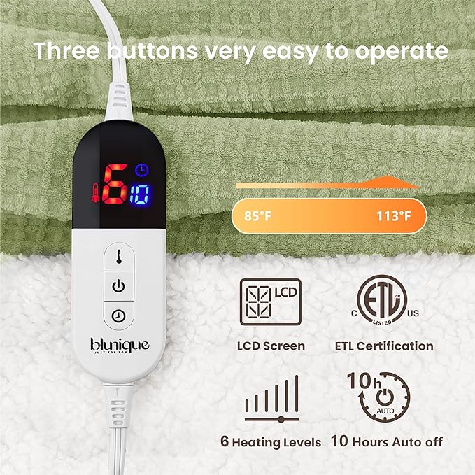 Heated Blanket Electric Blanket Full Waffle,72x84 Inches Sherpa Fleece Fast Heating Blanket 6 Heating Levels & 10 Hours Auto Off ETL Certification,Sage Full