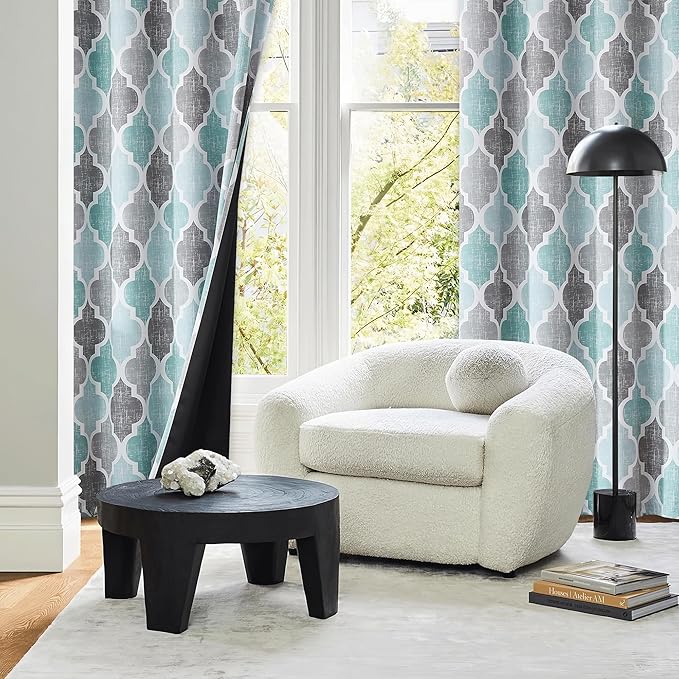 Beauoop 100% Blackout Curtains 90 Inches Long 2 Panels for Bedroom Living Room Aqua Grey Moroccan Geo Room Darkening Thermal Insulated Soundproof Grommet Top Window Treatments Drapes, 50x90 Set of 2
