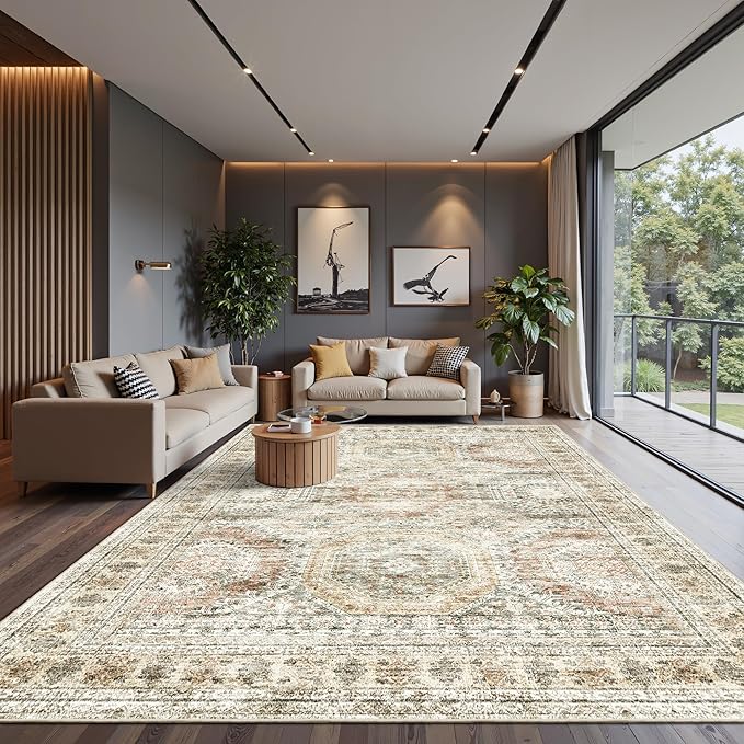 10x14 Area Rugs for Living Room, Non Slip Machine Washable Vintage Rugs, Low Pile Lightweight Large Rug for Bedroom, Dining Room, Home Office Brown Pink