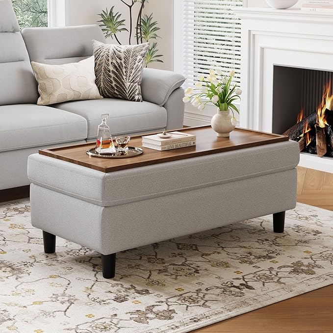 LINSY HOME 46 Inches Wide Storage Ottoman Bench, Linen Coffee Table Long Shoes Bench Footstool, Storage Chest, Foot Rest Stool, for The Living Room, Entryway and Family Room (Grey)