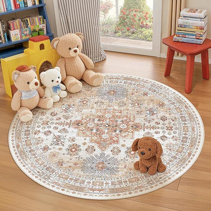zesthome Washable Round Rug - 5ft Ultra-Thin Circle Area Rugs, Vintage Non-Slip Low Pile Rug for Living Room, Stain Resistant Rug for Bedroom, Entryway, Kitchen, Nursery