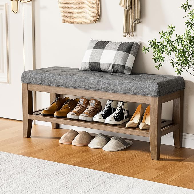 End of Bed Storage Bench, 42.9" Entryway Shoe Bench with Solid Wood Shelf, Upholstered Ottoman with Padded Seat for Bedroom, Hallway and Lining Room, Dark Gray