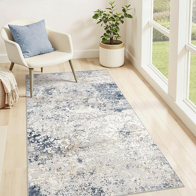 Washable Area Rug: 3x5 ft Abstract Small Rugs for Entryway Kitchen Living Room Bedroom - Non Slip Modern Neutral Carpet Indoor Front Door - Beige Blue
