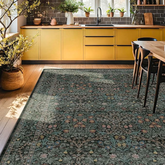 Vintage Dark Green Living Room Rug, 8x10 Washable Area Rugs for Dining Room Under Kitchen Table, Bedroom, Oriental Low Pile Stain Resistant Non-Slip Large Carpet (8x10 Dark Green)