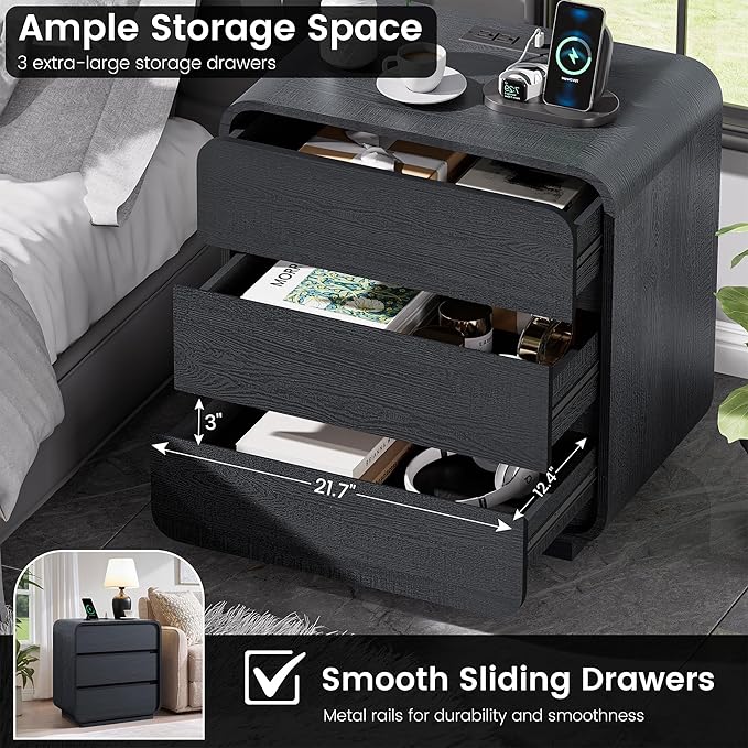 Black Night Stand with Charging Station, 25" Tall Wood Bedside Table, Modern End Table Dresser with 3 Storage Drawers, Curved Profile, Mid Century Nightstand for Bedroom Dorm Sofa Office