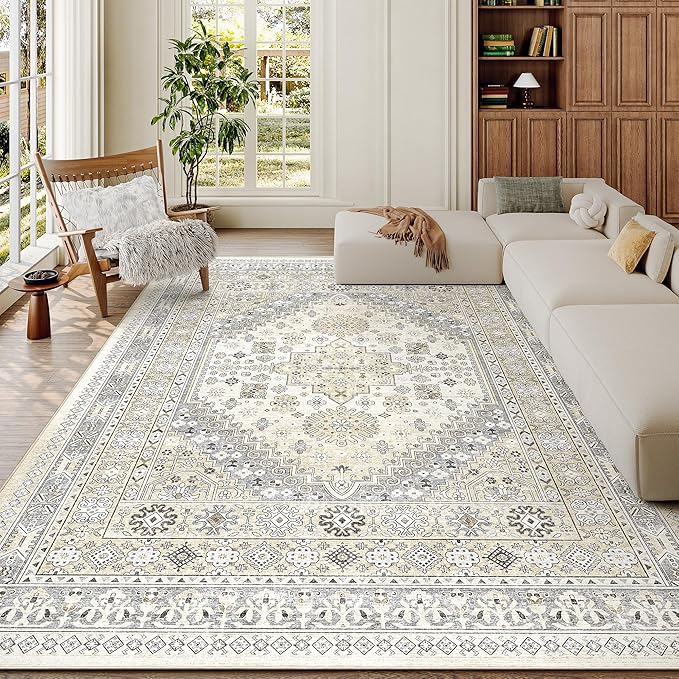 zesthome 7x9 Area Rug, Super Soft Washable Rugs for Living Room, Non-Slip Stain Resistant Vintage Rugs, Ultra-Thin Large Area Rugs (Beige,7'x9')