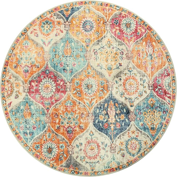 Lahome Moroccan Trellis Washable Round Rugs, Non-Slip Soft Round Rug 4ft Ultra-Thin, Small Vintage Circle Carpet for Entryway Kitchen Bedroom Nursery Bathroom, Cream/Multi