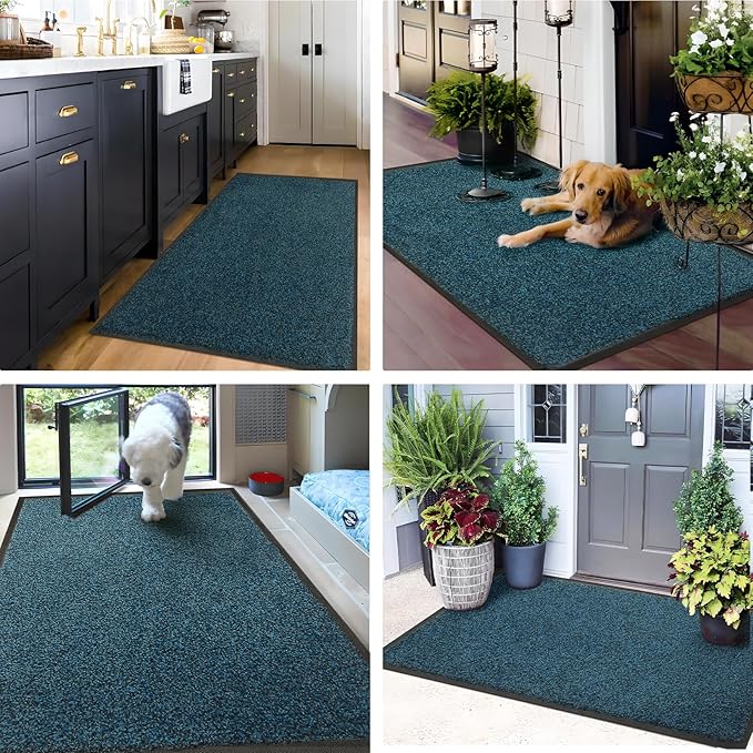 Mibao Front Door Mat, Dirt Trapper Welcome Mat for Outdoor Indoor, Non-Slip Waterproof Doormat, Durable Machine Washable Low Profile Entry Rug for Back Door Outside Patio Porch, 30" x 18", Blue