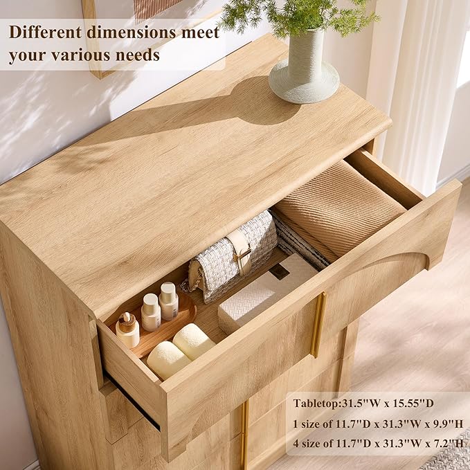 ACCOHOHO Modern 5 Drawers Dresser for Bedroom with Arched Panel,44" Tall Dresser for Closet with Metal Handles,Push-to-Open Wood Storage Closet Dressers Tv Stand for Living Room, Hallway,Natural Oak