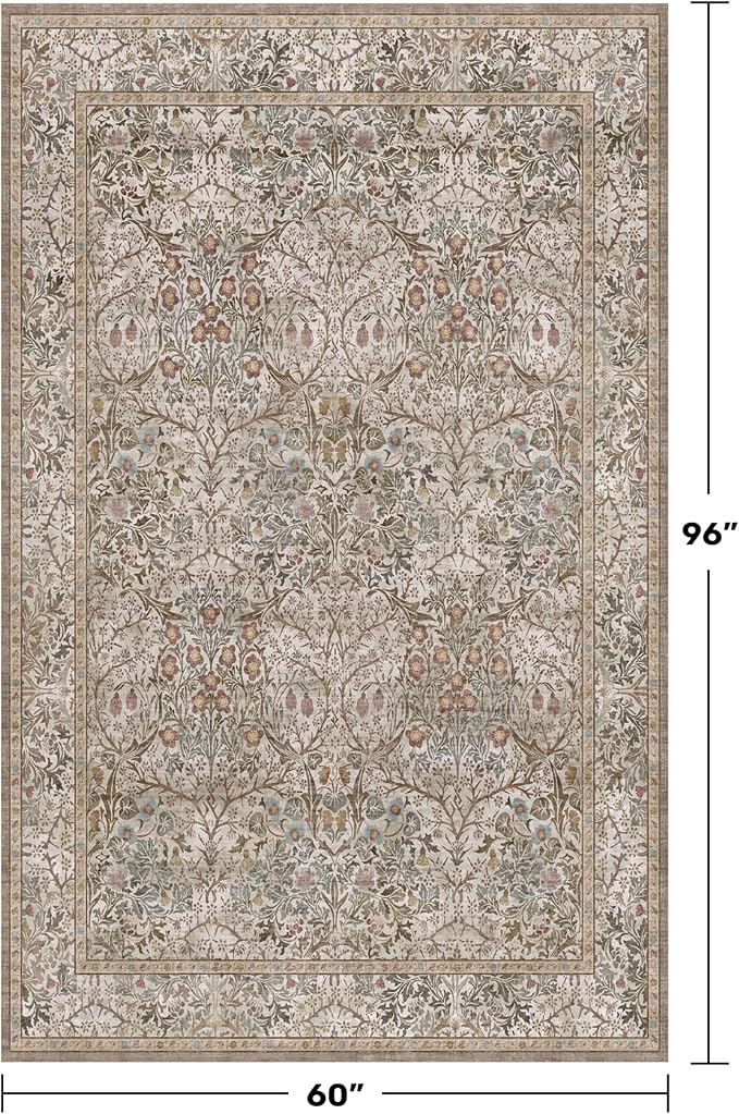 Dining Room Rugs for Under Table - 5x8 Washable Moss Green Oriental Area Rug for Living Room, Low Pile Non-Slip Floor Carpet for Bedroom - Vintage Brown Design & Stain Resistance