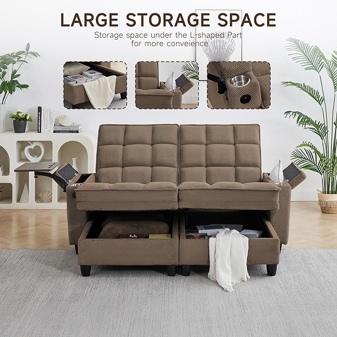 70.9" Chaise Lounge Chair Indoor, Oversized Boucle Upholstered Sofa Bed, Adjustable Backrest Deep Seat Reading Chair, Sofas Couches for Living Room with Storage, Cup Holders & 360° Swivel Side Table
